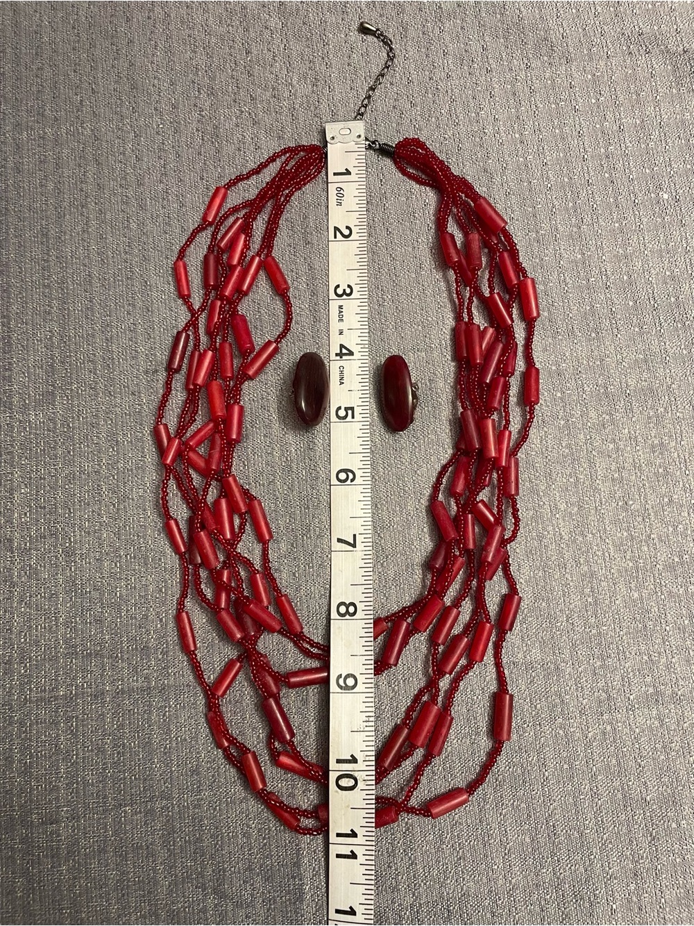 Handmade Vibrant Multi-Strand Red Jewelry & Matching Clip-On Earring Set